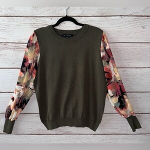 Zac & Rachel Olive Green Sweater with Floral Chiffon Sleeves – Size Large Office